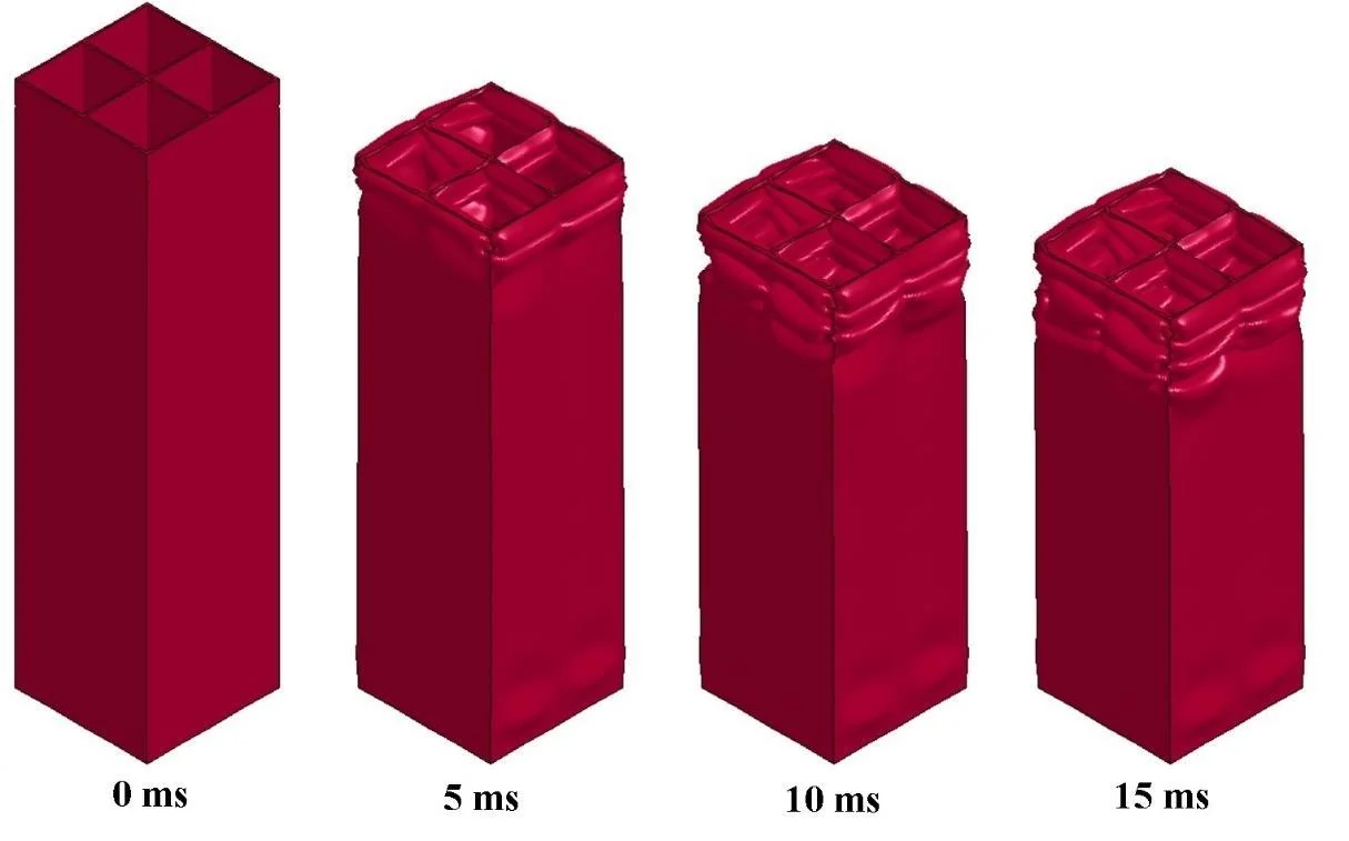 Four simulated crash-box shapes during progressive collapse